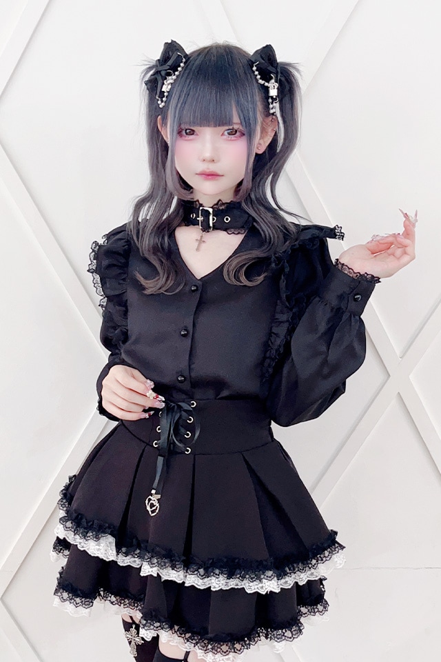 MA*RS】クロス付き肩フリルレースブラウス - ブラック size-F | 地雷系 MA*RS】クロス付き肩フリルレースブラウス - ブラック size-F | 地雷系