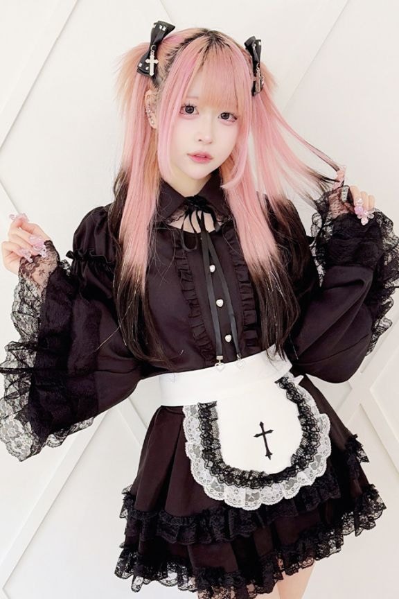 ま*み様 ブラックピースナウ　フリル姫袖編み上げリボンブラウスシャツ　難あり MA*RS】レースフリル姫袖ブラウス - ブラック size-F | 地雷系・量産型