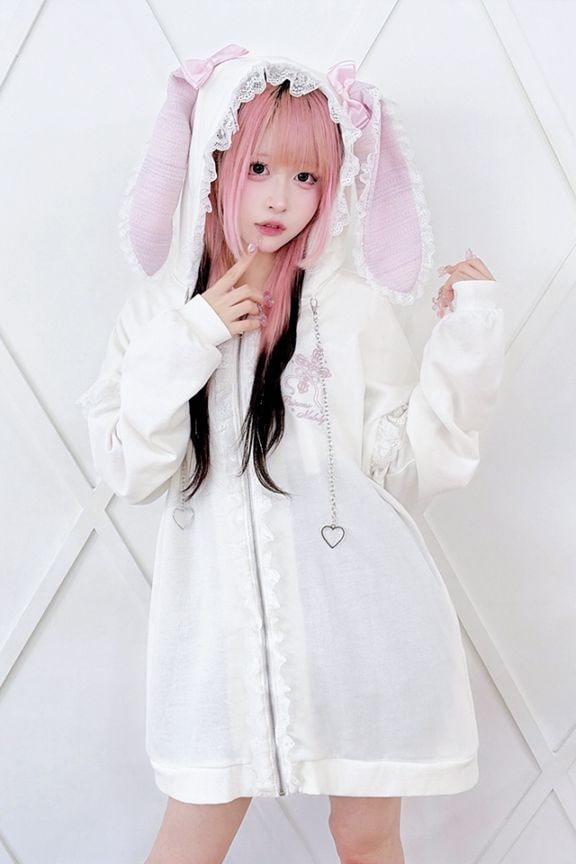 Princess Melody】クロス×ロゴプリントうさみみパーカー - WHT/ピンク