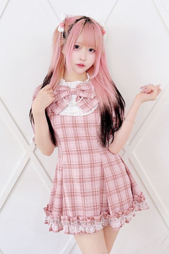 Princess Melody】りぼんタイ付きヨークチェック柄ワンピース - ピンク