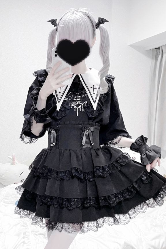 MA＊RS　コスメ柄　トップス　ホルターネック　マーズ　姫ギャルレア☆ マーズ MA*RS】クロス刺繍襟ロンT - ブラック size-F | 地雷系・量産型の