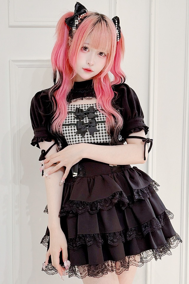 MARS リボン柄 ベアトップ ピンク/黒　未使用 MA*RS】胸開きギンガムチェックリボンテレコトップス - BLK/BLK size-F