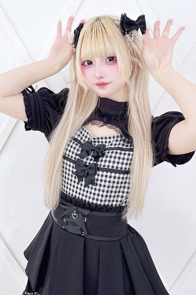 MA*RS】胸開きギンガムチェックリボンテレコトップス - BLK/BLK size-F