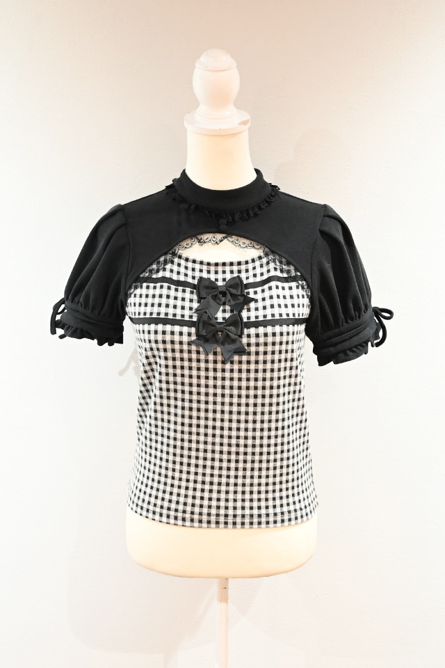 MA*RS】胸開きギンガムチェックリボンテレコトップス - BLK/BLK size-F