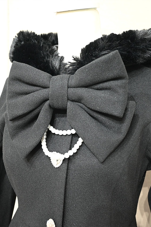 Princess Melody】りぼんタイ付きフードマキシコート - ブラック