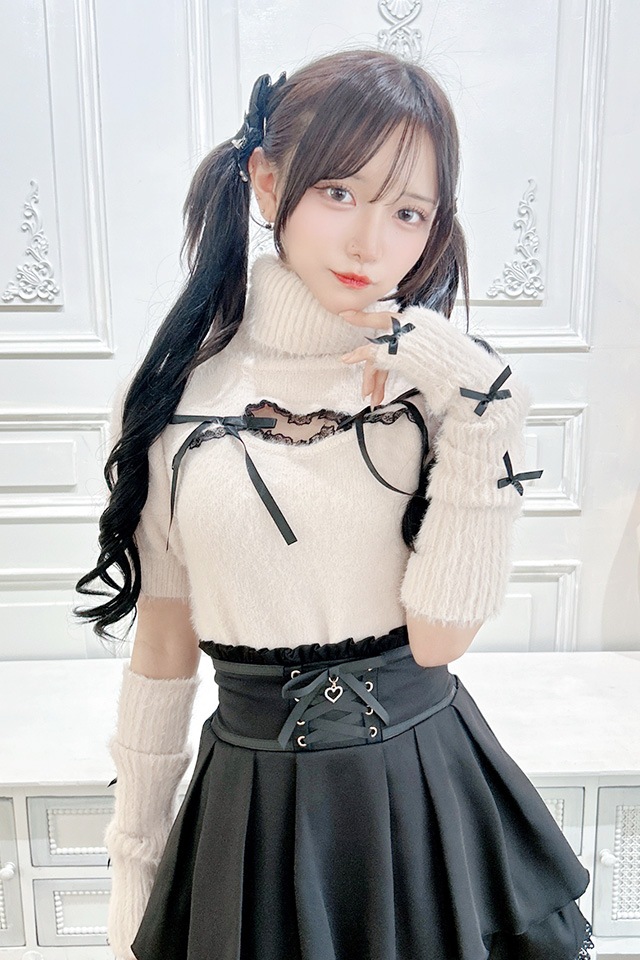 MA*RS】アームウォーマー付き胸開きシャギーニット - PNK/ブラック