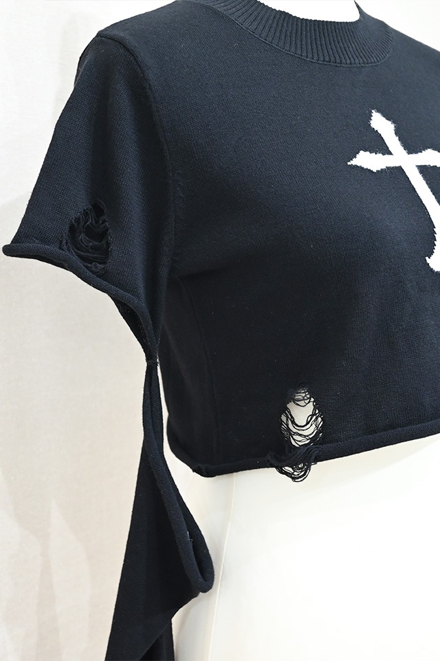 MA*RS】クロス刺繍クラッシュショートニット - ブラック size-F