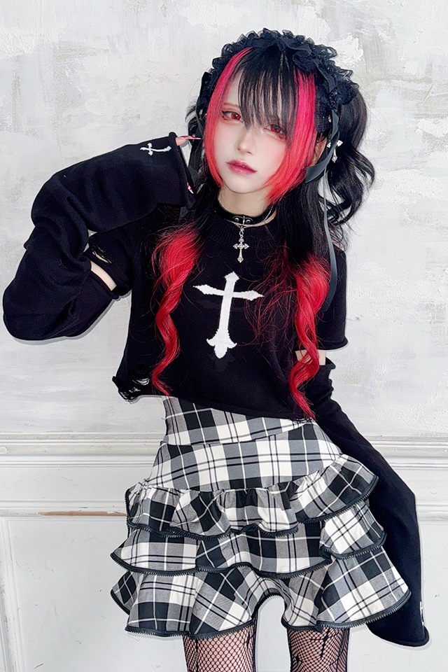 ましゅ MA*RS】クロス刺繍クラッシュショートニット - ブラック size-F