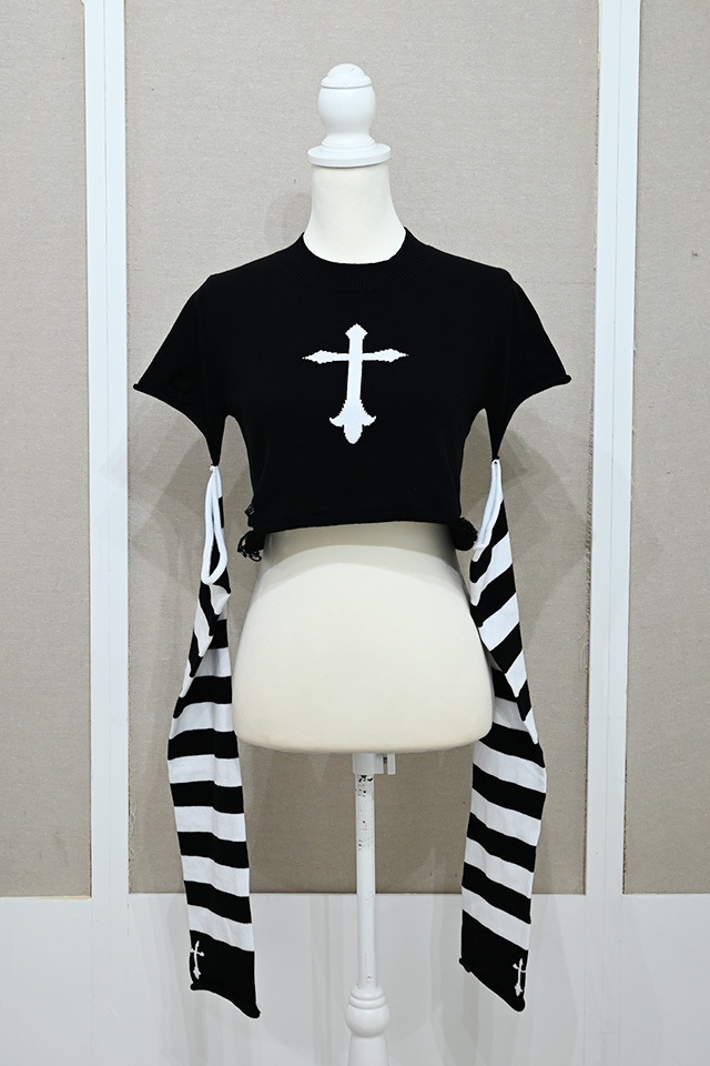 MA*RS】クロス刺繍クラッシュショートニット - BLK/ホワイト