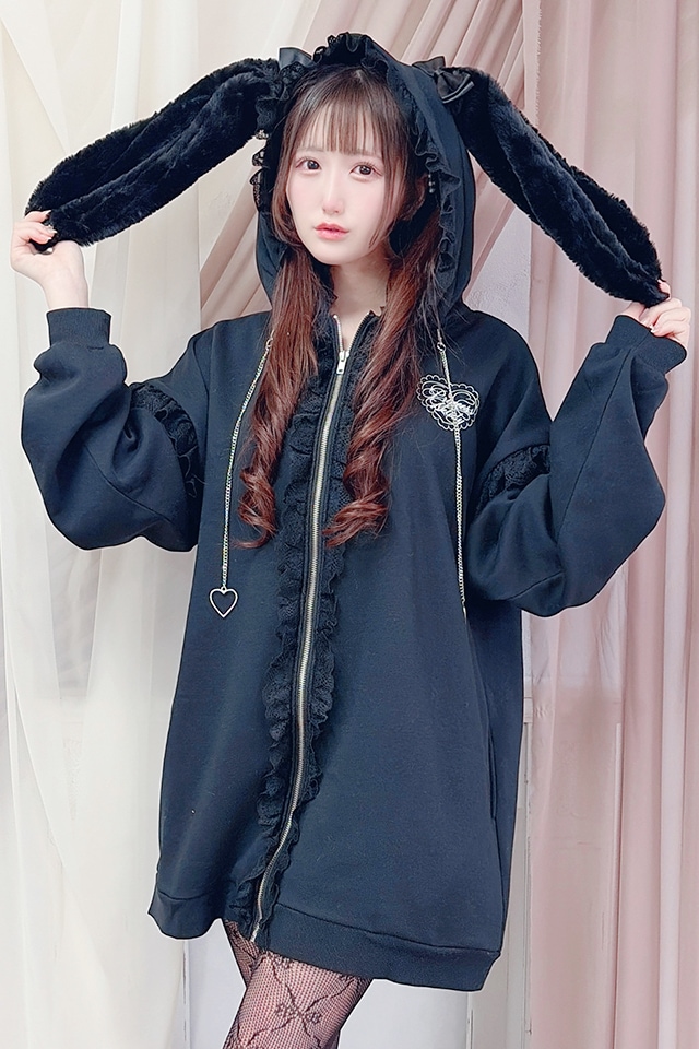 Princess Melody】うさみみファー裏起毛パーカー - ブラック size-F