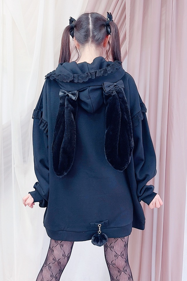 Princess Melody】うさみみファー裏起毛パーカー - ブラック size-F