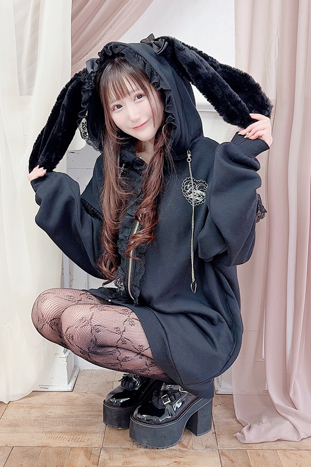 Princess Melody】うさみみファー裏起毛パーカー - ブラック size-F