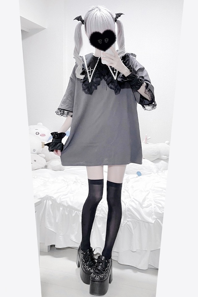 MA*RS】クロス刺繍襟ロンT - グレー size-F | 地雷系・量産型の