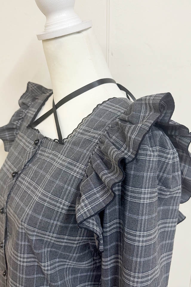 MA*RS】サテンリボン付きフリルブラウス - チャコールグレー