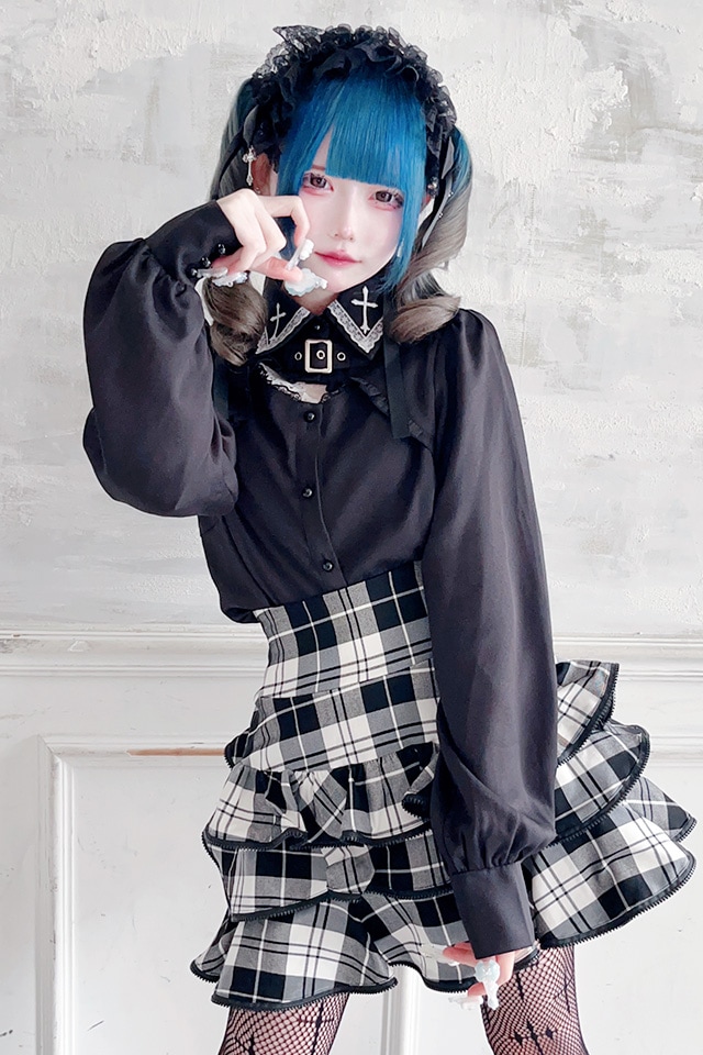 ローズ様 MA*RS】胸開きクロス刺繍ブラウス - ブラック size-F | 地雷系