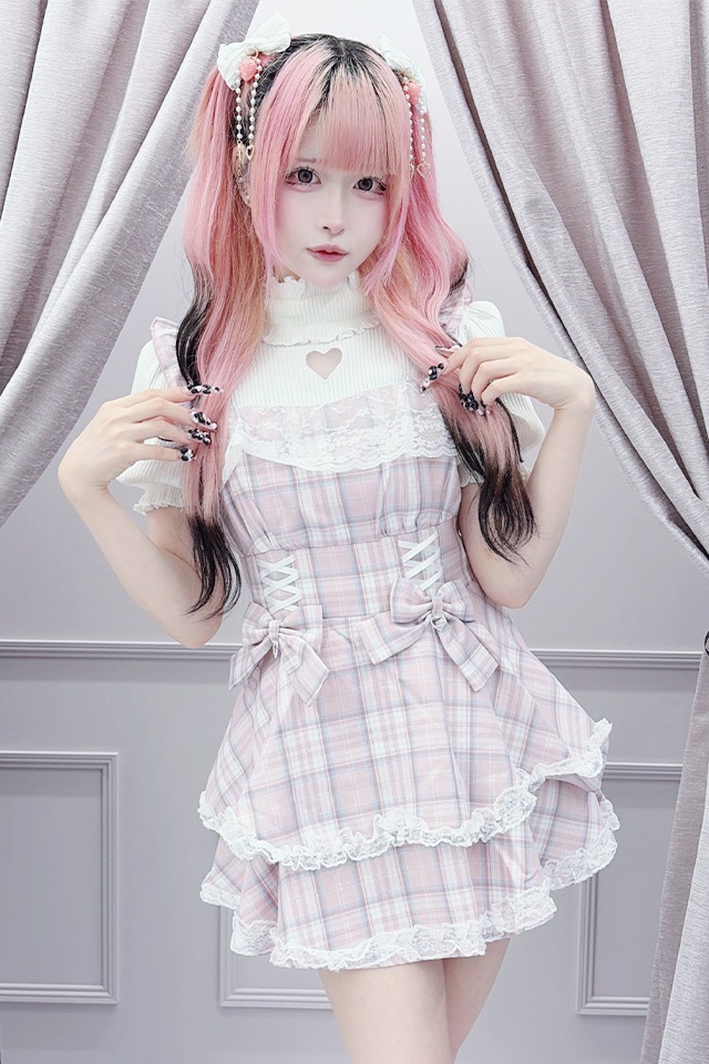 【未使用完売商品】 Lulumerry フリルローズビキニ　ホワイト Princess Melody】ダブルりぼんチェック柄コルセット風キャミ