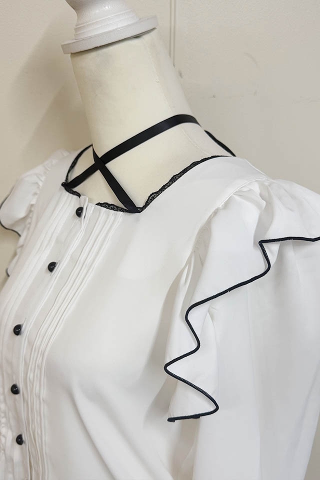 レザレクション　新品　Lサイズ フリルシャツ MA*RS】サテンリボン付きフリルブラウス - WHT/WHT size-F