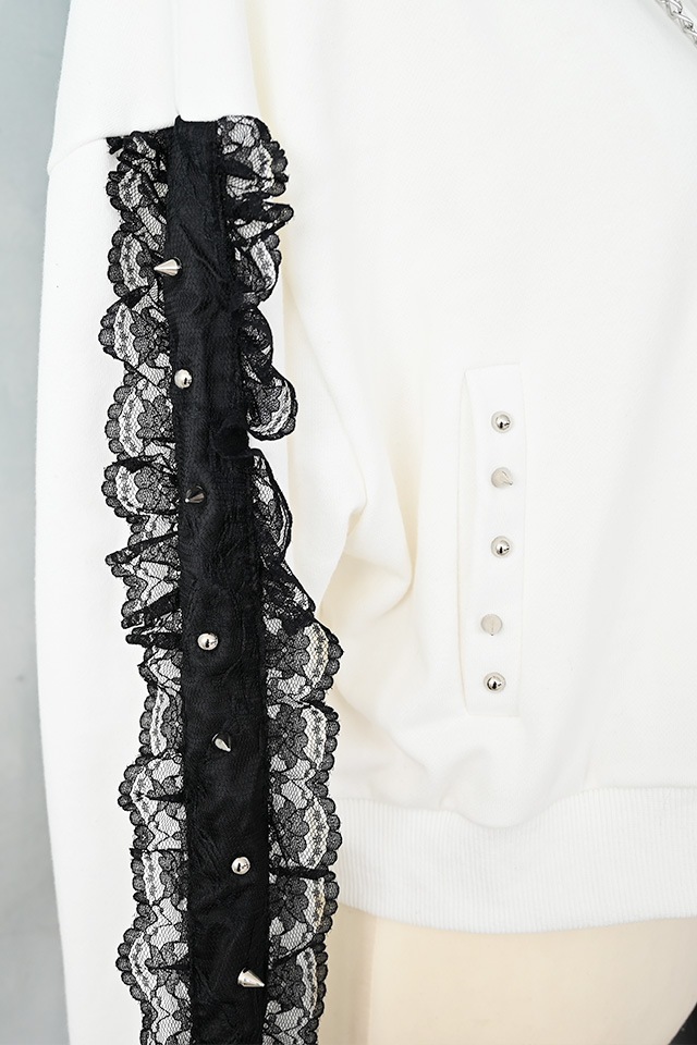 ママ様 MA*RS】スタッズ付きクロス刺繍ショートパーカー - ホワイト