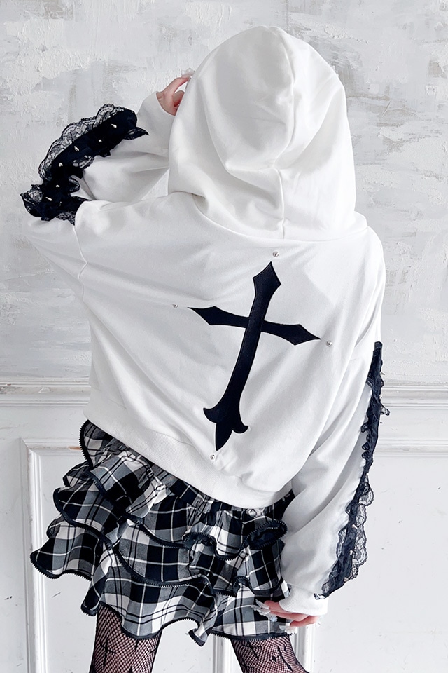 MA*RS】スタッズ付きクロス刺繍ショートパーカー - ホワイト