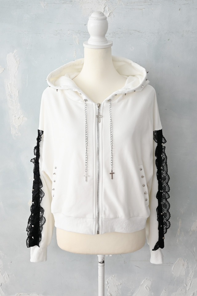 ママ様 MA*RS】スタッズ付きクロス刺繍ショートパーカー - ホワイト