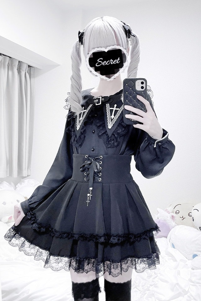 MA*RS】ベルト付きクロス刺繍ブラウス - ブラック size-F | 地雷系