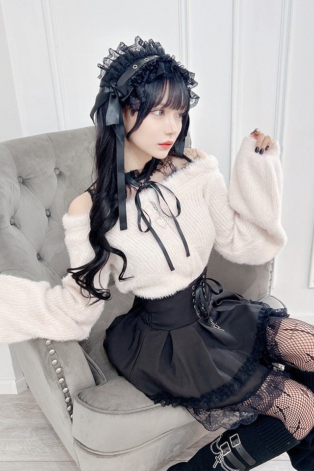 新品タグ付き✨PING ノースリーブシャツ &スカート　セットアップ M 紺 MA*RS】肩開きシャギーニットトップス - ピンク size-F | 地雷系