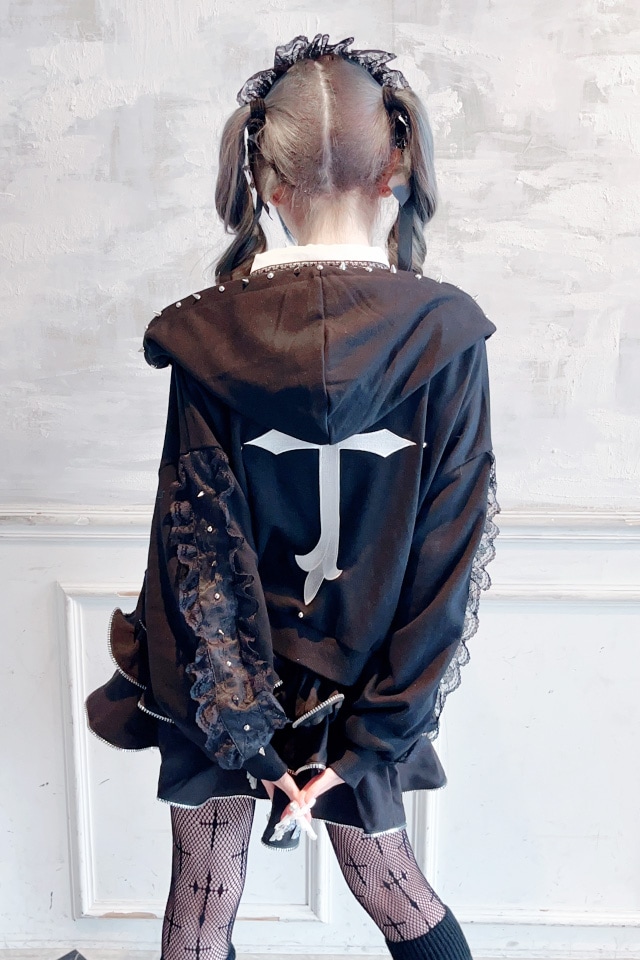 MA*RS】スタッズ付きクロス刺繍ショートパーカー - ブラック