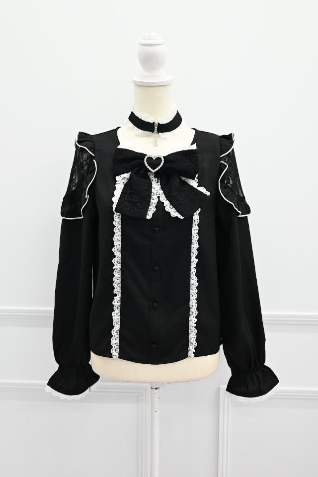 MA*RS】チョーカー付き肩フリルレースリボンブラウス - BLK/ホワイト