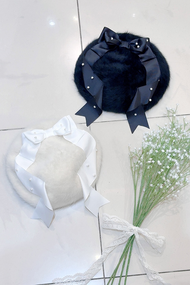 Princess Melody】パールりぼんシャギーベレー帽 - ホワイト size-F