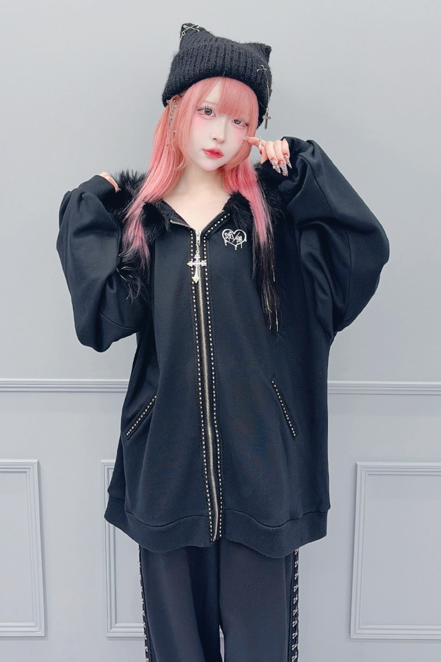MA*RS】ファー付きクロスビッグパーカー - ブラック size-F | 地雷系