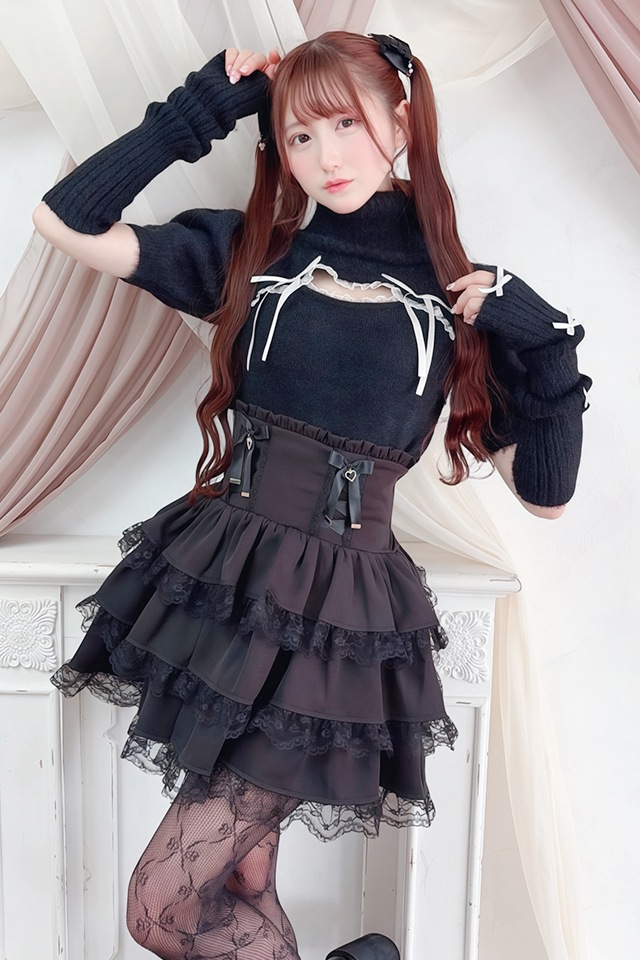 MA*RS】アームウォーマー付き胸開きシャギーニット - BLK/ホワイト