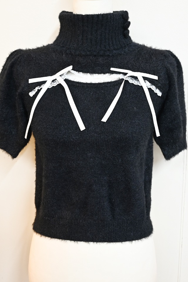 MA*RS】アームウォーマー付き胸開きシャギーニット - BLK/ホワイト