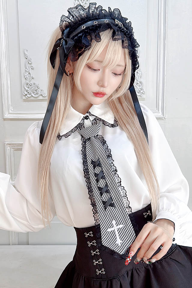 MA*RS】クロス刺繍ネクタイ付きブラウス - BLK/ホワイト size-F