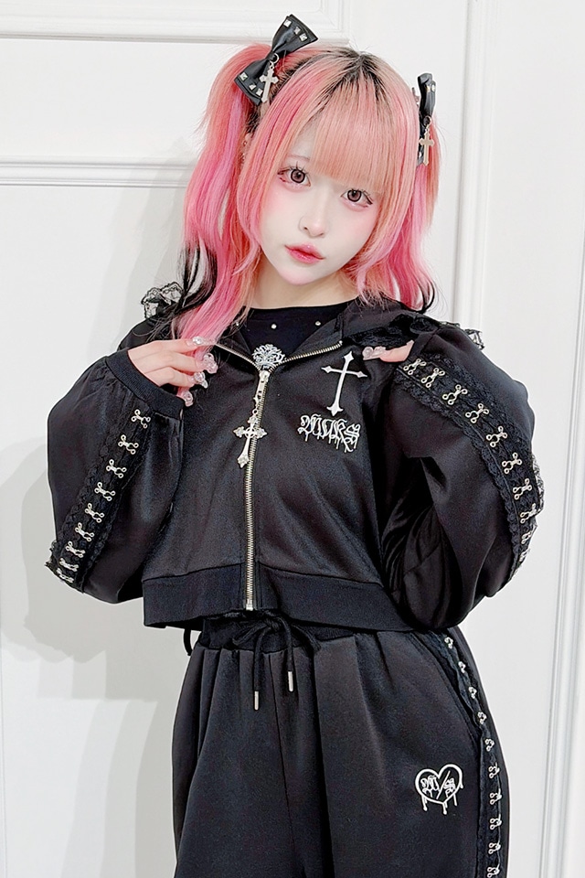 MA*RS】レースホック×クロスショートパーカー - ブラック size-F