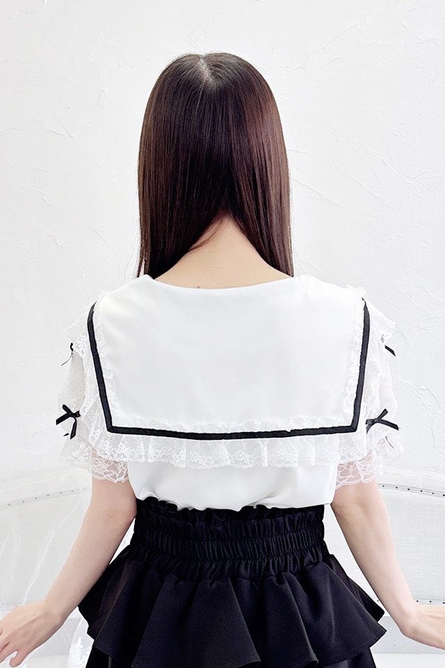 ☆Marese☆大人もOK! 袖のフリルが可愛い黒椿のカットソー MA*RS】袖レースちびリボン付きセーラーブラウス - WHT/ブラック