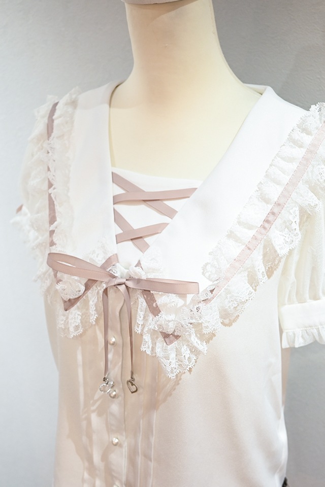 MA*RS】袖シアーリボンレースセーラーブラウス - WHT/ピンク size-F