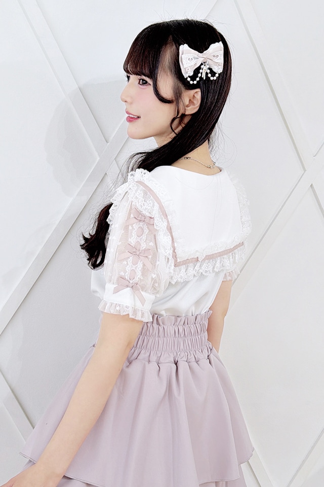 [新品]完売商品 Rosy Monster セーラー襟 ブラウス F MA*RS】袖シアーリボンレースセーラーブラウス - WHT/ピンク size-F