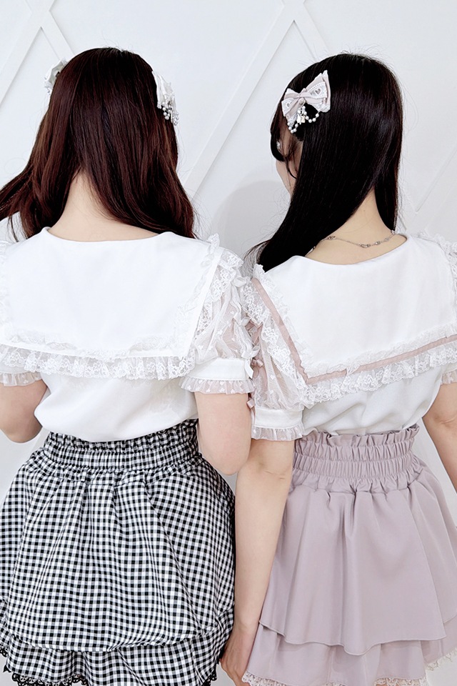 MA*RS】袖シアーリボンレースセーラーブラウス - WHT/ピンク size-F
