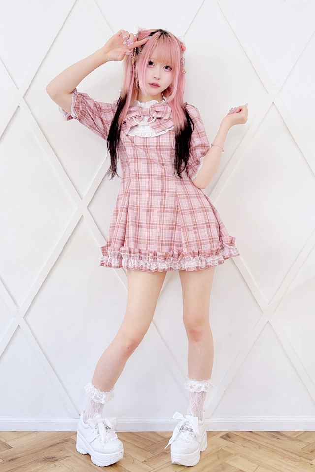 Princess Melody】りぼんタイ付きヨークチェック柄ワンピース - ピンク