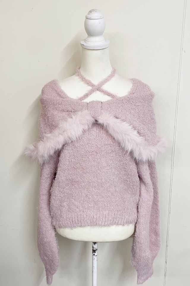 ★MA＊RS★Bigバックリボン★ピンクニットミニワンピース★オフショル★新品★ MA*RS】ファー付きリボンオフショルニット - ピンク size-F