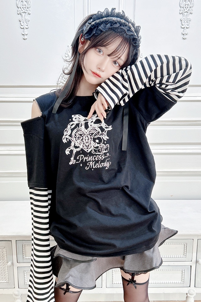 Princess Melody】りぼんラビットボーダー袖ロンT - ブラック size-F