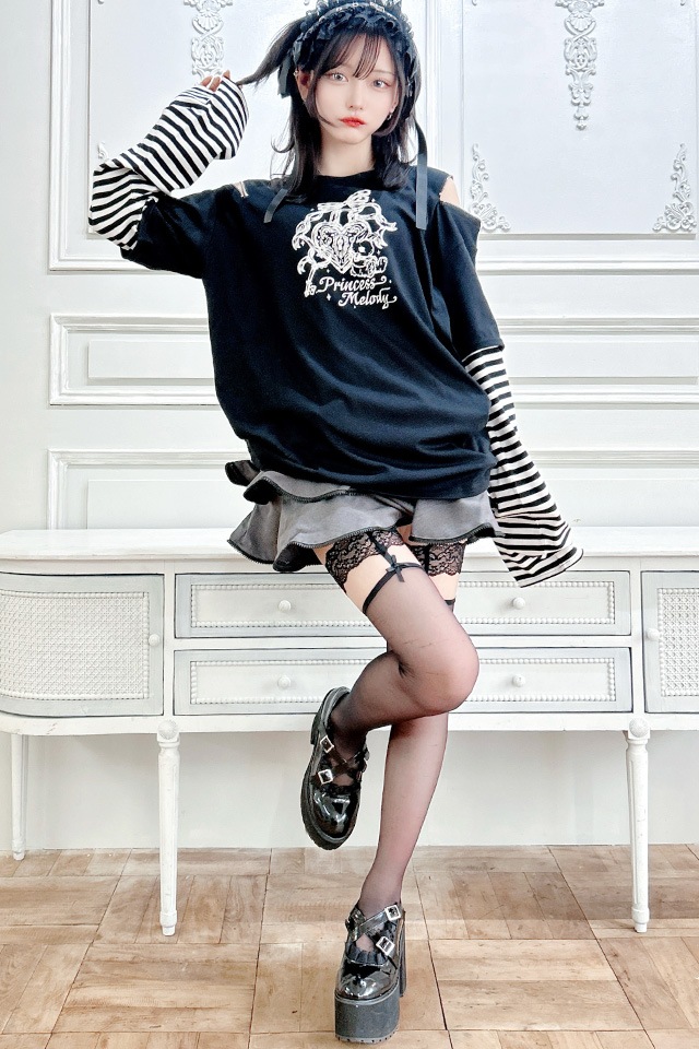 Princess Melody】りぼんラビットボーダー袖ロンT - ブラック size-F