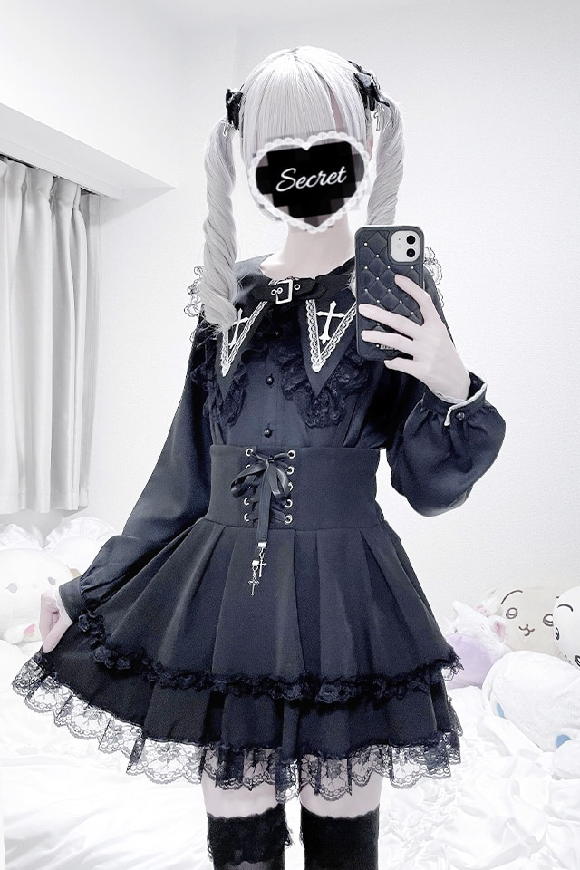 MA*RS】ベルト付きクロス刺繍ブラウス - ブラック size-F | 地雷系