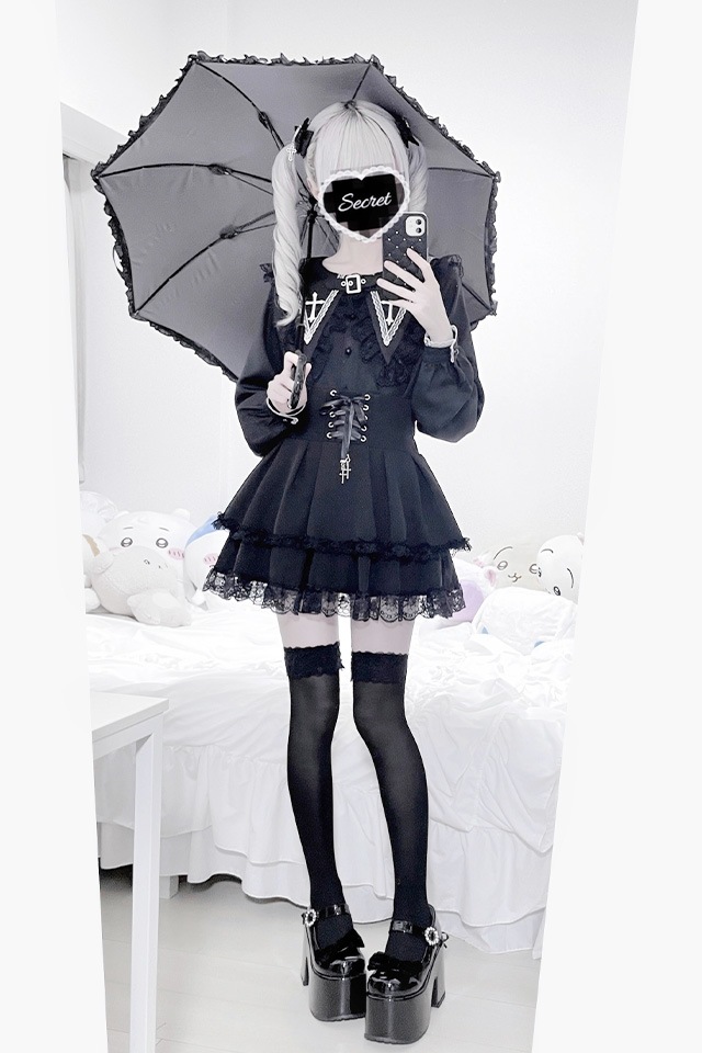 MA*RS】ベルト付きクロス刺繍ブラウス - ブラック size-F | 地雷系