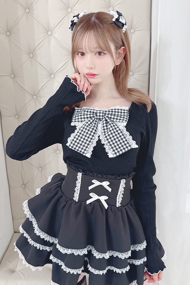 MA*RS】ギンガムチェックBIGリボンテレコトップス - ブラック size-F