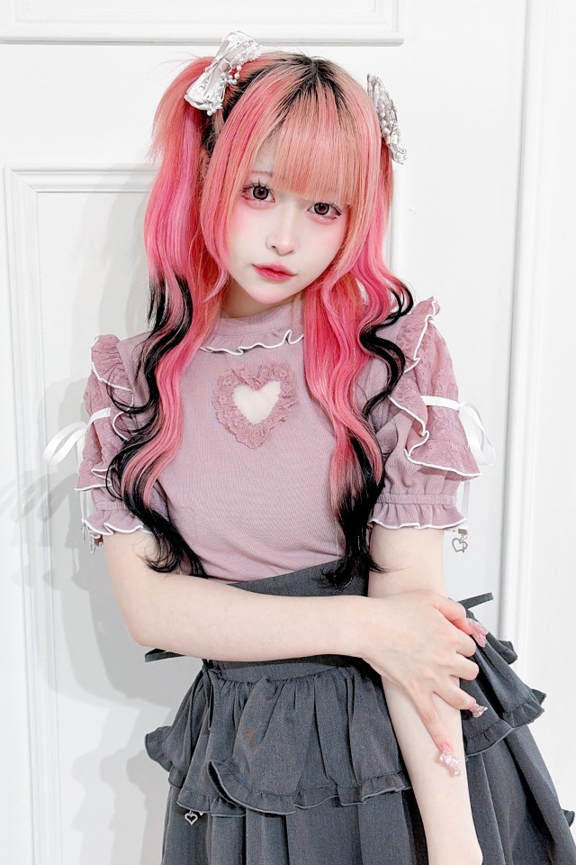 MA*RS】袖レースハートくり抜きフリルテレコトップス - ピンク size-F