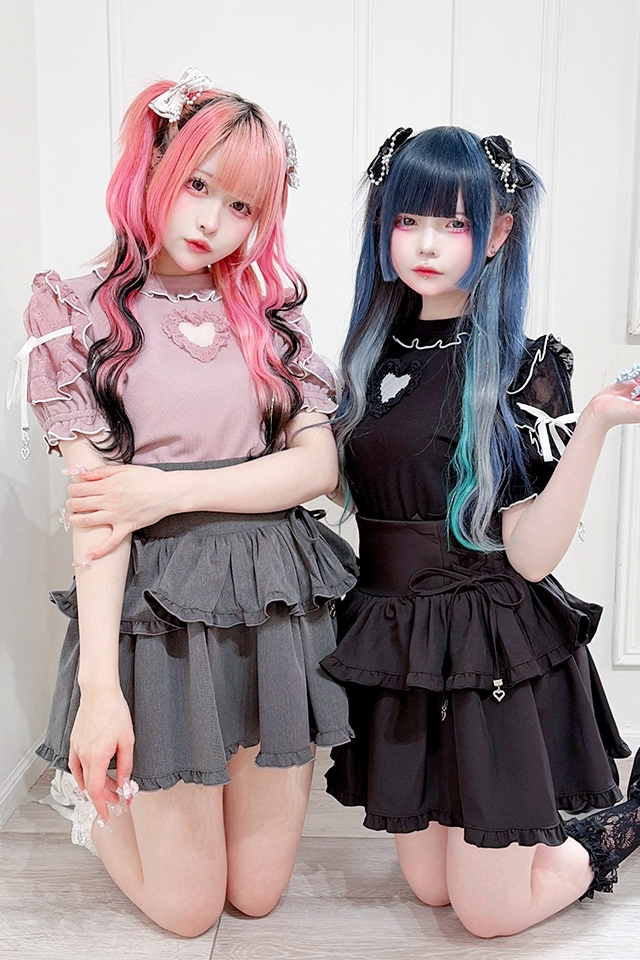 MA*RS】袖レースハートくり抜きフリルテレコトップス - ピンク size-F