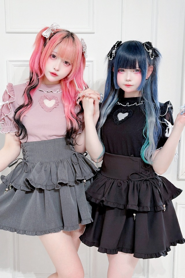 MA*RS】袖レースハートくり抜きフリルテレコトップス - ピンク size-F