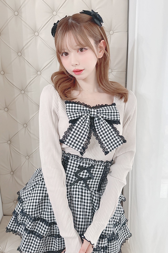 MA*RS】ギンガムチェックBIGリボンテレコトップス - ピンク size-F