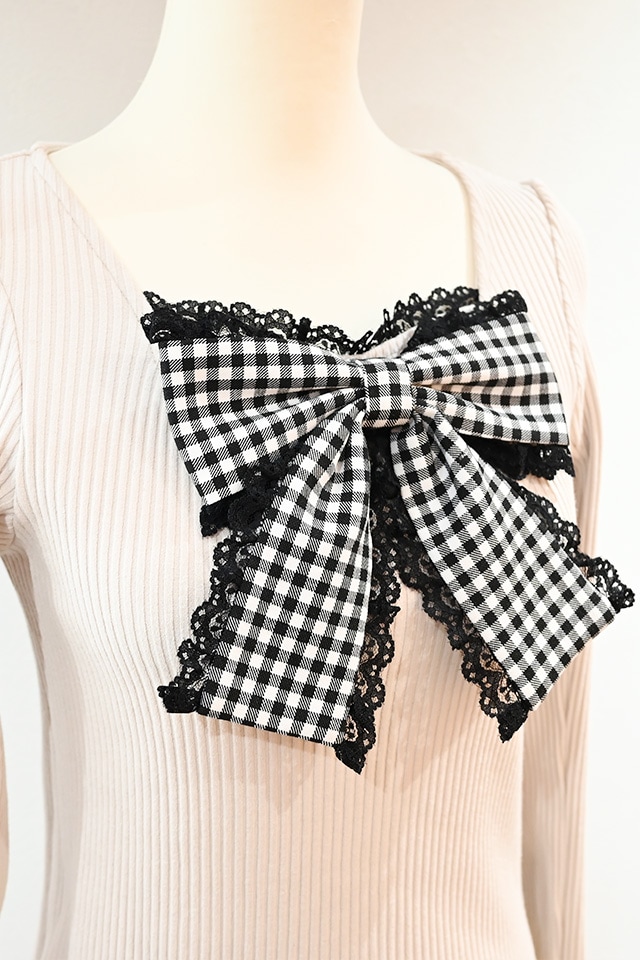 MA*RS】ギンガムチェックBIGリボンテレコトップス - ピンク size-F